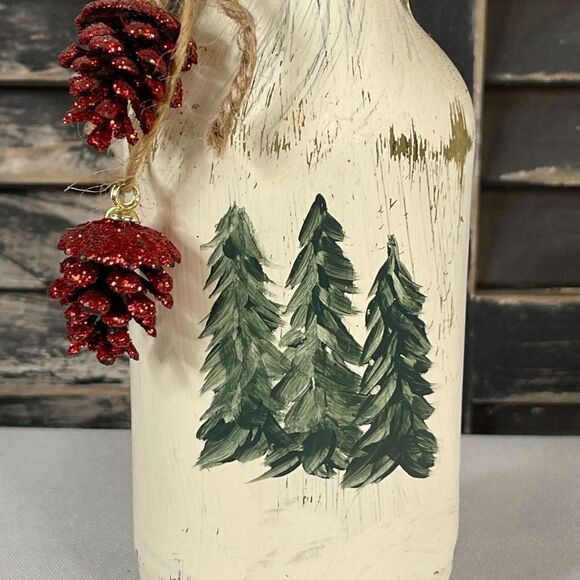 Hand Painted Pine Trees on old bottle Red Pine Cones - Picture 4 of 4